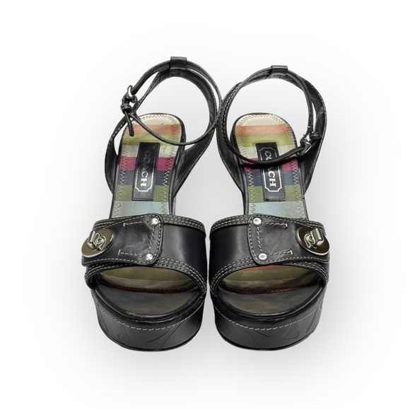 Coach ♕ Kerilyn Logo Embossed Turnlock Platform Wedge Sandals ♕ Black Leather 8M - Picture 8 of 16